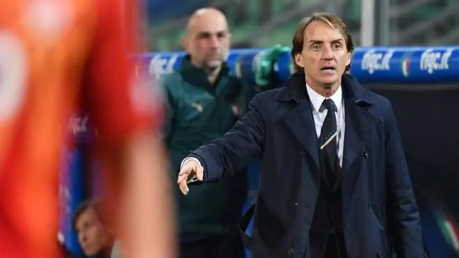 Italy's head coach Roberto Mancini gestures during the FIFA World Cup Qatar 2022 play-off qualifying soccer match between Italy and North Macedonia at the Renzo Barbera stadium in Palermo, Sicily island, Italy, 24 March 2022. ANSA/CARMELO IMBESI