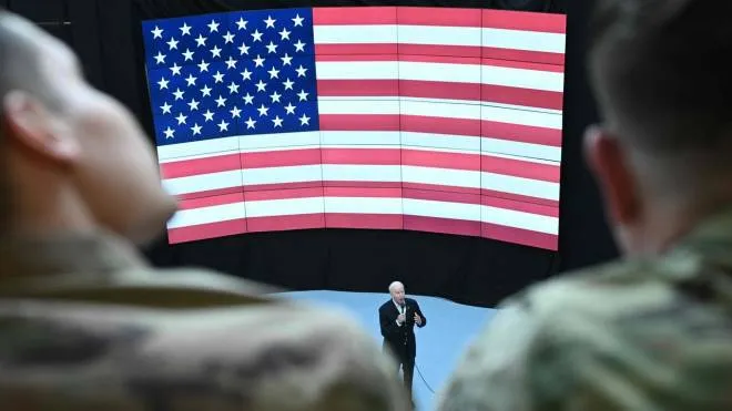 US President Joe Biden delivers a speech to service members from the 82nd Airborne Division, who are contributing alongside Polish Allies to deterrence on the Alliance�s Eastern Flank, in the city of Rzeszow in southeastern Poland, around 100 kilometres (62 miles) from the border with Ukraine, on March 25, 2022. - Biden is due to meet US soldiers stationed in the area and non-governmental organisations helping Ukrainian refugees fleeing Russia's invasion. (Photo by Brendan SMIALOWSKI / AFP)