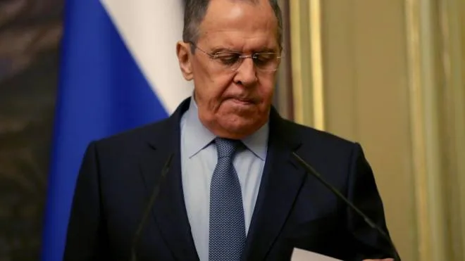 epa09909903 Russian Foreign Minister Sergei Lavrov reacts during a press conference after his meeting with UN Secretary-General Guterres in Moscow, Russia, 26 April 2022. The UN Secretary-General is on a working visit to Moscow.  EPA/MAXIM SHIPENKOV / POOL