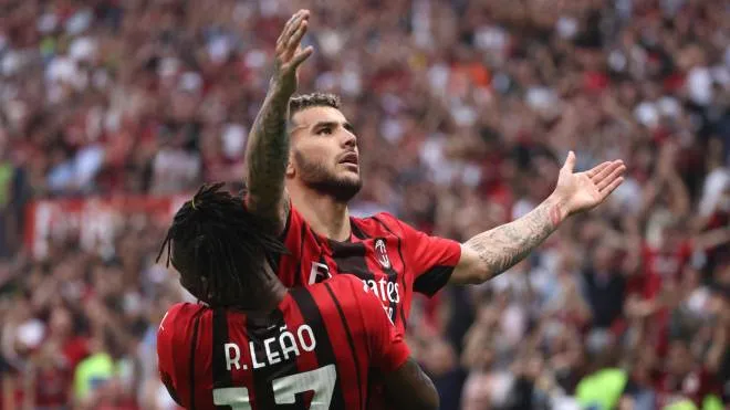 AC Milan�s Theo Hernandez (R) jubilates  with his teammate  Rafael Leao after scoring goal of 2 to 0 during the Italian serie A soccer match between AC Milan and Atalanta at Giuseppe Meazza stadium in Milan, 15 May 2022.
ANSA / MATTEO BAZZI