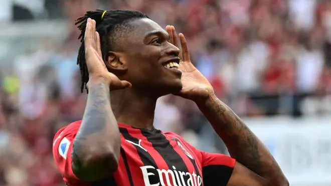 AC Milan's Portuguese forward Rafael Leao reacts after scoring the first goal of the match during the Italian Serie A football match between AC Milan and Atalanta Bergamo at the San Siro stadium in Milan on May 15, 2022. (Photo by MIGUEL MEDINA / AFP)