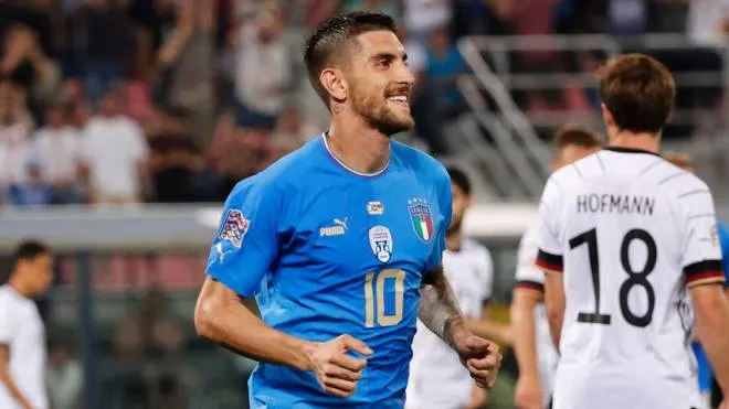 Italy's Lorenzo Pellegrini  jubilites      after scoring the goal during the Uefa Nations League,group A3, soccer match Italy vs Germany at Renato Dall'Ara stadium in Bologna, Italy, 04 June 2022. ANSA /SERENA CAMPANINI