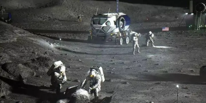 Un rendering dell’Asi che ricostruisce una missione sulla luna a bordo di modulo allestito dall’Italia