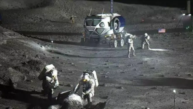 Un rendering dell’Asi che ricostruisce una missione sulla luna a bordo di modulo allestito dall’Italia