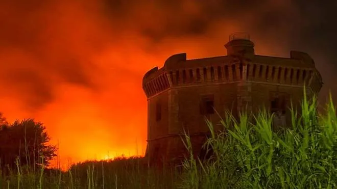Alcuni momenti dell'incendio che il 27 giugno ha colpito una vasta area di vegetazione nella zona di via dell'Idroscalo ad Ostia. Ostia, 28 giugno 2022 TELENEWS