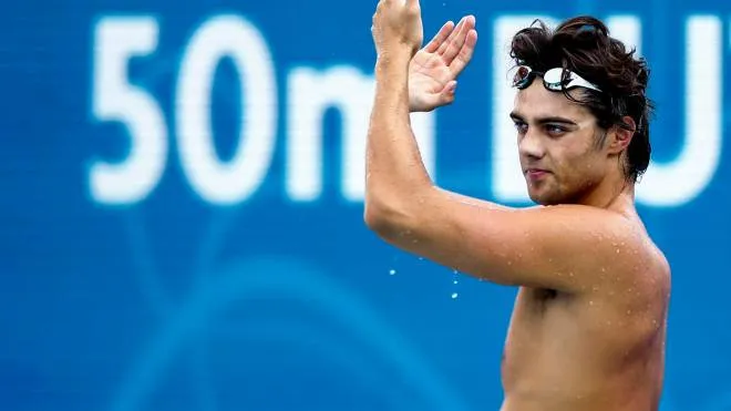 Italy�s Thomas Ceccon celebrates after winning the  Man�s 50m Butterfly final event during the LEN European Aquatics Championships in Rome, Italy, 12 August 2022. ANSA/ANGELO CARCONI