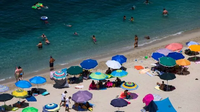 Bagnanti in spiaggia a Baia di Riaci in Calabria, Tropea, 27 luglio 2022. ANSA/ANGELO CARCONI