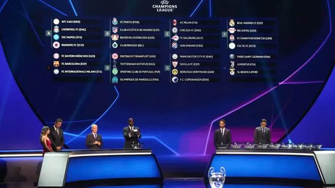 epa10138254 The groups are shown on an electronic panel during the UEFA Champions League group stage draw 2022/23 in Istanbul, Turkey, 25 August 2022.  EPA/SEDAT SUNA