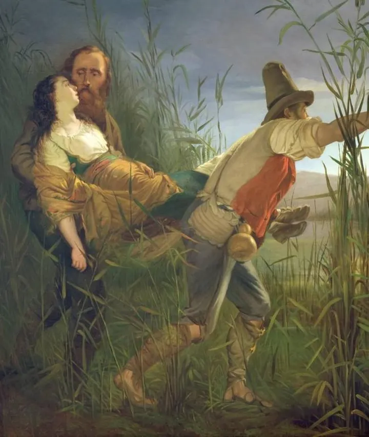 Garibaldi con. Anita morente in un dipinto di. Bouvier. Sotto, la statua di Cesenatico