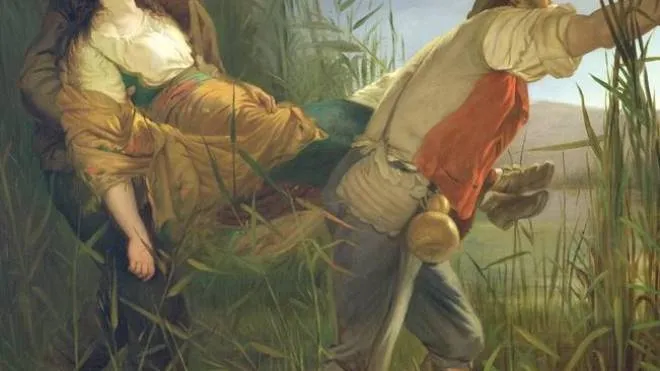 Garibaldi con. Anita morente in un dipinto di. Bouvier. Sotto, la statua di Cesenatico