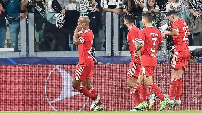 Benfica�s joao Mario jubilates after scoring the gol (1-1) during the group stage soccer match of Uefa Champions League Juventus FC vs Sport Lisboa e Benfica at Allianz Stadium in Turin, Italy, 14 september 2022 ANSA/ALESSANDRO DI MARCO