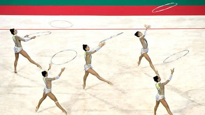 Members of team Italy perform during the Group 5 Hoops final of the 39th Rhythmic Gymnastics World Championships in Sofia, Bulgaria, 18 Sepember 2022.  ANSA/VASSIL DONEV