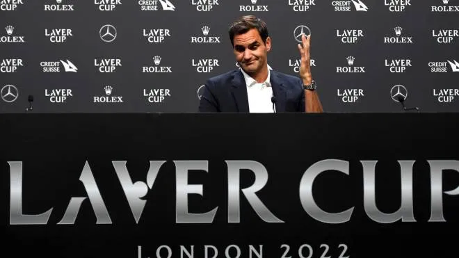 epa10196493 Roger Federer of Switzerland gestures during a press conference in London, Britain, 21 September 2022, ahead of the Laver Cup tennis tournament starting on 23 September. On 15 September, Federer announced his retirement from professional tennis with the Laver Cup his last tournament he will play in.  EPA/ANDY RAIN