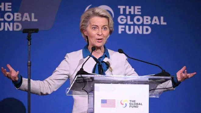 European Commission President Ursula von der Leyen speaks at the Global Fund Seventh Replenishment Conference in New York on September 21, 2022. (Photo by MANDEL NGAN / AFP)