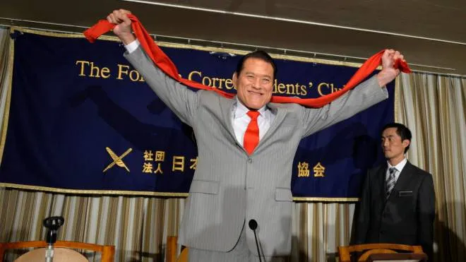 epa10216816 (FILE) Japanese wrestler-turned-politician Antonio Inoki gestures upon his arrival at a press conference at the Foreign Correspondents' Club of Japan in Tokyo, Japan, 21 August 2014 (reissued 01 October 2022). According to a statement by New Japan Pro-Wrestling, their founder Antonio Inoki has died at age 79.  EPA/FRANCK ROBICHON