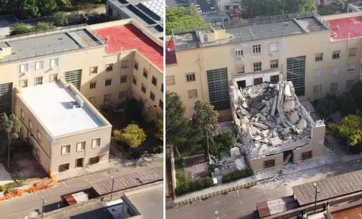 Due immagini (prima e dopo il crollo del tetto) dell’edificio che ospita l’aula magna dell’Università di Cagliari