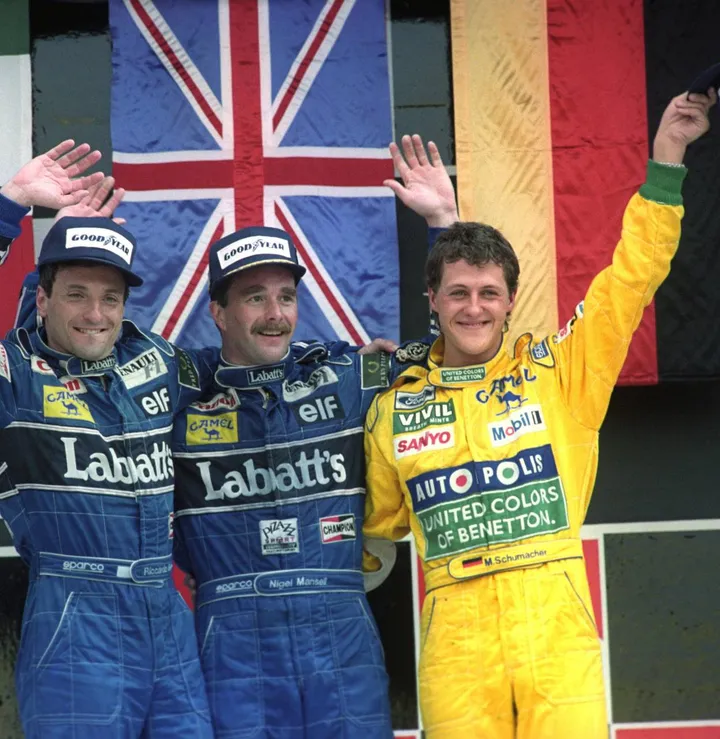 Da sinistra Riccardo Patrese, Nigel Mansell e Michael Schumacher, Messico ’92