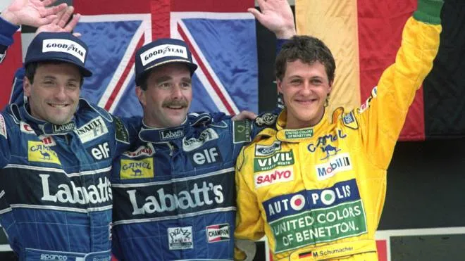 Da sinistra Riccardo Patrese, Nigel Mansell e Michael Schumacher, Messico ’92
