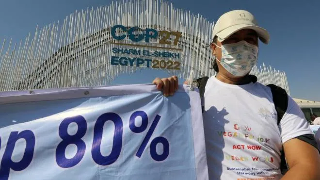 epa10289798 Activists hold banners as they demonstrate at the entrance of the Sharm El Sheikh International Convention Centre, during the COP27 climate summit opening, in Sharm el-Sheikh, Egypt, 06 November 2022. The 2022 United Nations Climate Change Conference (COP27), running from 06 till 18 November in Sharm El-Sheikh, is expected to host one of the largest number of participants in the annual global climate conference of over 40,000 estimated attendees including heads of states and governments, civil society, media and other relevant stakeholders. The events will include Climate Implementation Summit, thematic days, flagship initiatives, and Green Zone activities engaging with climate and other global challenges.  EPA/KHALED ELFIQI
