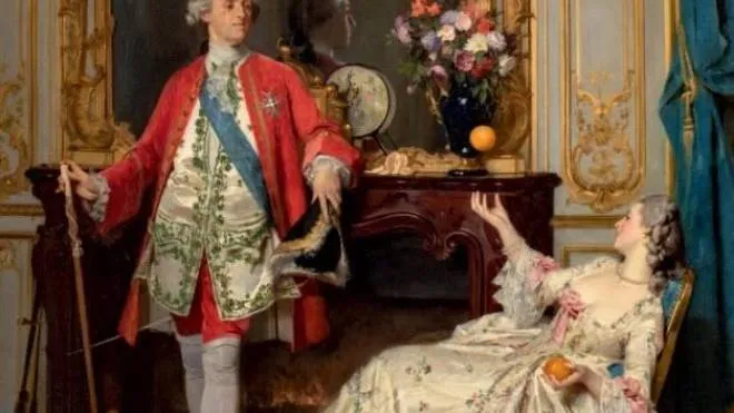 Louis XV et Madame du Barry, Joseph Caraud (1859). Sotto, il ritratto del re del 1763
