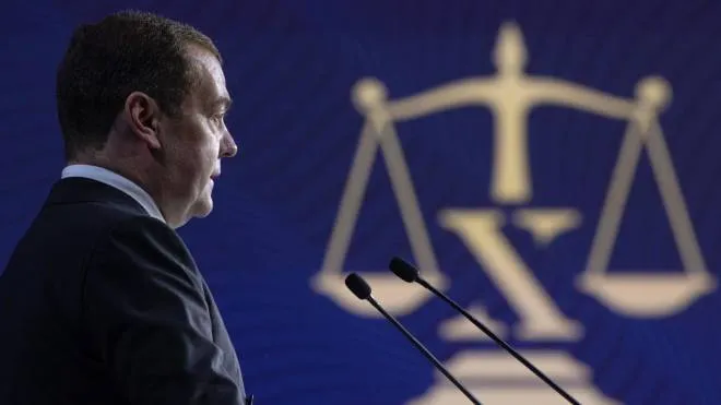 Dmitry Medvedev, deputy head of Russia's Security Council and chairman of the United Russia party, delivers a speech during a session 'Law in a Multipolar World' of the 10th St. Petersburg International Legal Forum in St. Petersburg, Russia, 30 June 2022. ANSA/EKATERINA SHTUKINA/ SPUTNIK / SECURITY COUNCILPRESS SERVICE POOL MANDATORY CREDIT