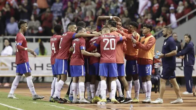 Costa Rica players celebrate a goal during a friendly match between Costa Rica and Nigeria at the National Stadium in San Jose, Costa Rica, 09 November 2022. ANSA/Jeffrey Arguedas
