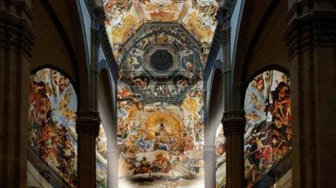 L’interno di Santa Maria del Fiore a Firenze: lo spettacolo di Giancarlo Cauteruccio. è un abbraccio fra musica, poesia, luce, teatro