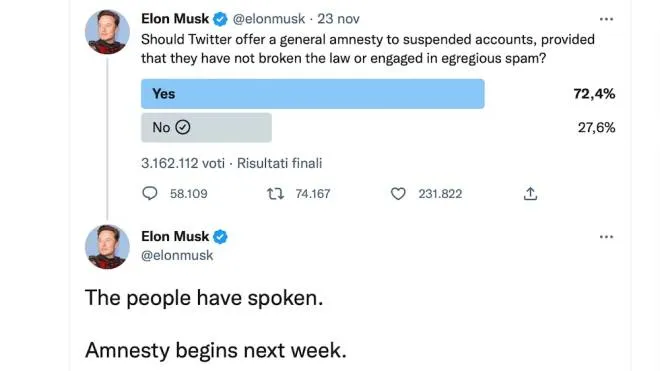 Il post su Twitter con il sondaggio dal profilo di Elon Musk