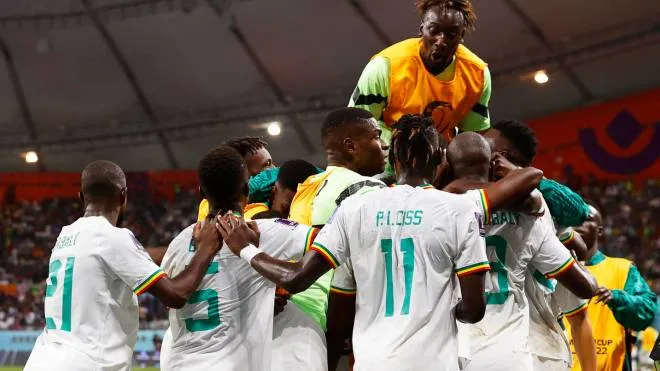 epa10336735 Players of Senegal celebrate their 2-1 lead during the FIFA World Cup 2022 group A soccer match between Ecuador and Senegal at Khalifa International Stadium in Doha, Qatar, 29 November 2022.  EPA/Rungroj Yongrit