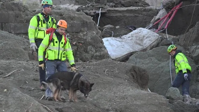 Gli operatori cercano i dispersi nel fango con l’aiuto dei cani