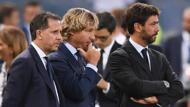 Da sinistra, Fabio Paratici, 50 anni, ex direttore sportivo della Juventus, Pavel Nedved, 50, ex vice presidente, e Andrea Agnelli, 46, ex presidente bianconero