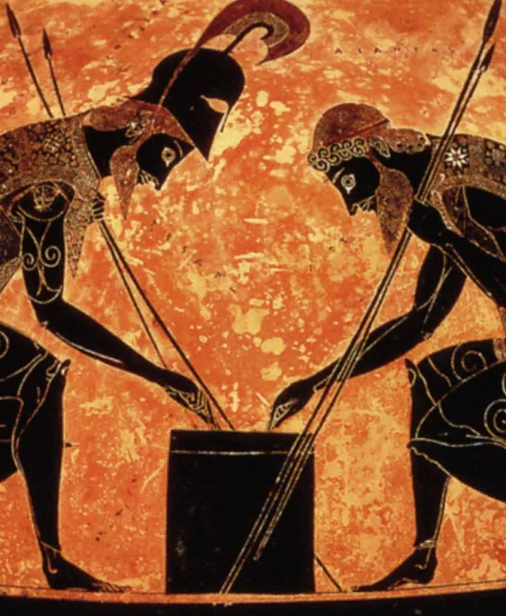 Il famoso gioco a dadi di Achille e Aiace dipinto sul vaso di Exekias (530-540 a.C.)