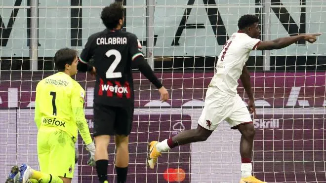 Torino�s Michel Adopo (R) jubilates after scoring goal of 0 toduring the Italy Cup round of 16 soccer match between AC Milan and Torino  at Giuseppe Meazza stadium in Milan, 11 January 2023.
ANSA/MATTEO BAZZI