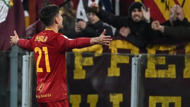 AS Roma's Paulo Dybala celebrates after scoring the 1-0 goal during the Italian Cup round of 16 soccer match between AS Roma and Genoa at the Olimpico stadium in Rome, Italy, 12 January 2023.  ANSA/ETTORE FERRARI