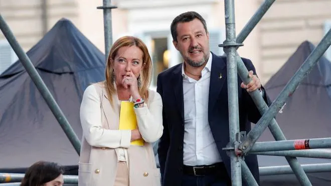 Federal secretary of Italian party Lega Nord Matteo Salvini (R) and Leader of Italian party Fratelli d�?Italia (Brothers of Italy) Giorgia Meloni attend the center-right closing rally of the campaign for the general elections at Piazza del Popolo, in Rome, Italy, 22 September 2022. ANSA/GIUSEPPE LAMI