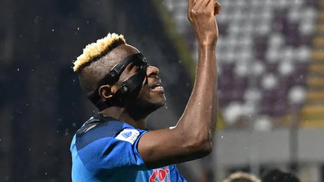 Napoli's Victor Osimhen jubilates after scoring the goal during the Italian Serie A soccer match US Salernitana vs SSC Napoli at the Arechi stadium in Salerno, Italy, 21 January 2023.
