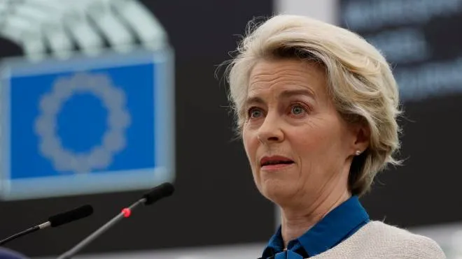 epa10412702 European Commission President Ursula Von Der Leyen gives a statement on the conclusions of the European Council meeting, at the European Parliament in Strasbourg, France, 18 January 2023.  EPA/JULIEN WARNAND