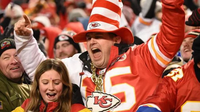 epa10439533 A Kansas City Chiefs fan celebrates in the second half of the AFC Championship game at GEHA Field at Arrowhead Stadium in Kansas City, Missouri, USA, 29 January 2023.  The Chiefs will face the Philadelphia Eagles in Super Bowl LVII on 12 February, 2023 in Glendale, Arizona.  EPA/DAVE KAUP