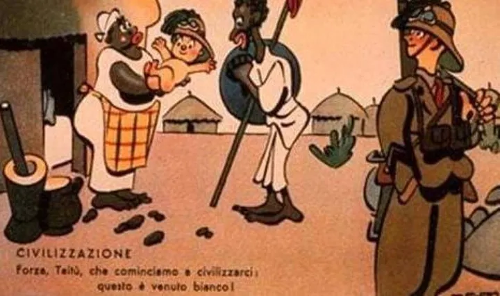 Una vignetta satirica di Enrico De Seta (1908-2008), autore di una serie di cartoline sul colonialismo italiano