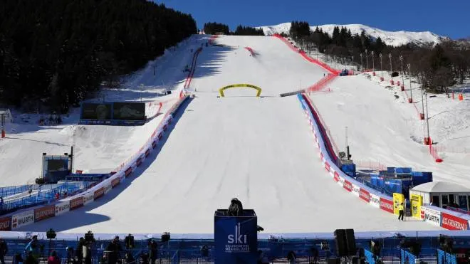 epa10448730 General view of the finish area of the FIS Alpine Skiing World Championships 2023 logo in Meribel, France, 05 February 2023. The FIS Alpine Skiing World Championships 2023 run from 05 February 2023 to 19 February 2023.  EPA/Guillaume Horcajuelo