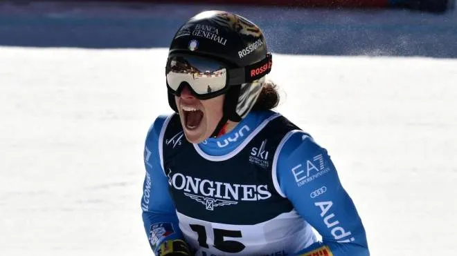 Italy's Federica Brignone reacts after competing during the Women's Alpine Combined Super G event of the FIS Alpine Ski World Championship 2022/2023 in Meribel, French Alps, on February 6, 2023. (Photo by Jeff PACHOUD / AFP)