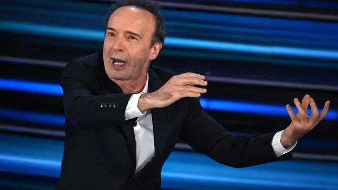 Italian actor Roberto Benigni performs on stage during the 73rd Sanremo Italian Song Festival, in Sanremo, Italy, 07 February 2023. The music festival will run from 07 to 11 February 2023.  ANSA/ETTORE FERRARI