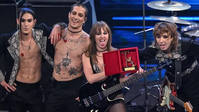 Italian rock band Maneskin on stage after winning the Prize Citta� di Sanremo at the Ariston theatre during the 73rd Sanremo Italian Song Festival, in Sanremo, Italy, 09 February 2023. The music festival will run from 07 to 11 February 2023.  ANSA/ETTORE FERRARI