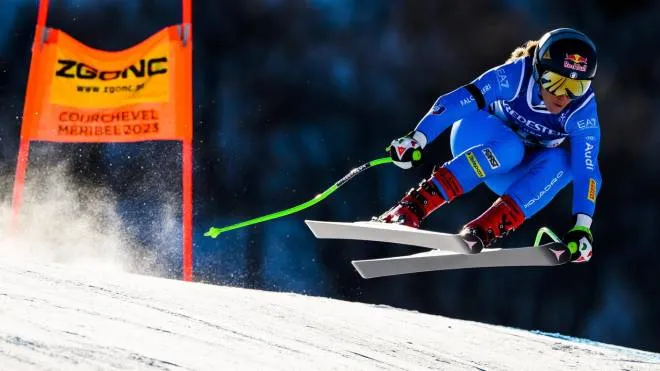 epa10458697 Sofia Goggia of Italy in action during the women's downhill training at the 2023 FIS Alpine Skiing World Championships in Meribel, France, 10 February 2023.  EPA/JEAN-CHRISTOPHE BOTT