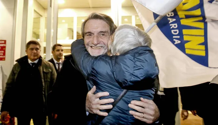 Attilio Fontana, nato il 28 marzo del 1952,. festeggia la vittoria alle elezioni regionali sotto il Pirellone a Milano