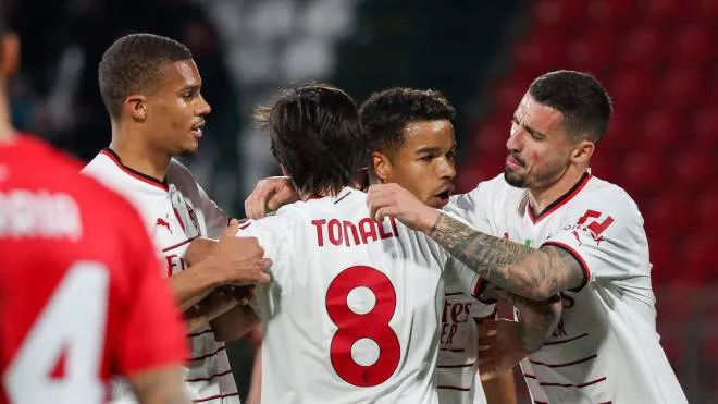 AC Milan players celebrate the goal scored by AC Milan's forward Junior Messias during the Italian Serie A soccer match between AC Monza and AC Milan at U-Power Stadium in Monza, Italy, 18 February 2023. ANSA / ROBERTO BREGANI