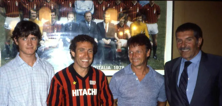 A sinistra Ilario Castagner con Nils Liedholm, ‘78-79. Sopra da sinistra con Aldo Serena, Oscar Damiani e Giussy Farina ai tempi del Milan