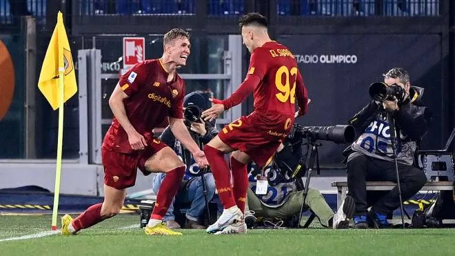 Roma�s Ola Solbakken (L) celebrates the goal with his teammate Stephan El Shaarawy (R) during the Serie A soccer match between AS Roma and Hellas Verona FC at the Olimpico stadium in Rome, Italy, 19 February 2023. ANSA/RICCARDO ANTIMIANI