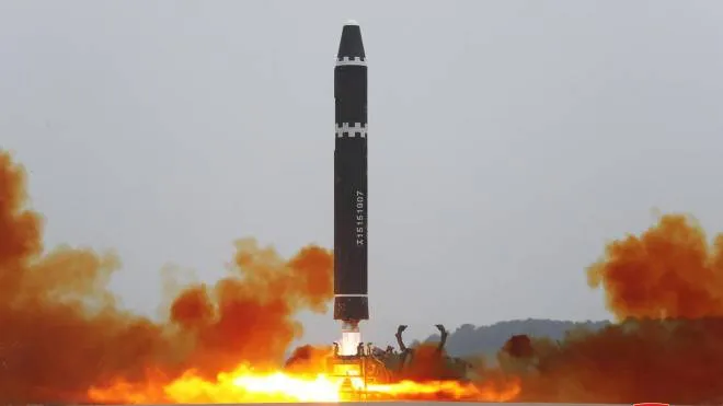 epaselect epa10476371 A photo released by the official North Korean Central News Agency (KCNA) shows a launching drill of a Hwasong-15 intercontinental ballistic missile (ICBM) at the Pyongyang International Airport in North Korea, 18 February 2023 (issued 19 February 2023). According to KCNA, the Hwasong-15 ICBM, launched at a high angle through the maximum range system, traveled up to an altitude of 5,768.5 kilometres and flew 989 kilometres for 4,015 seconds before hitting a pre-set area in open waters of the East Sea of Korea.  EPA/KCNA   EDITORIAL USE ONLY