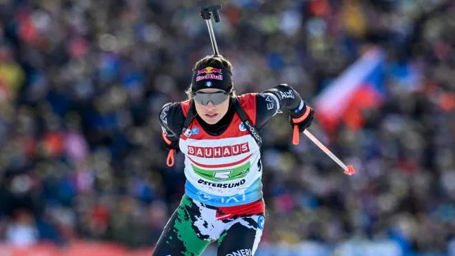 epa10515063 Dorothea Wierer of Italy in action during the women's 4x6 km relay race at the IBU Biathlon World Cup in Ostersund, Sweden, 11 March 2023.  EPA/Anders Wiklund SWEDEN OUT